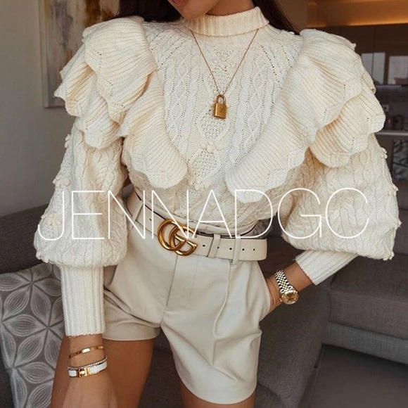 cable knit sweater with ruffles